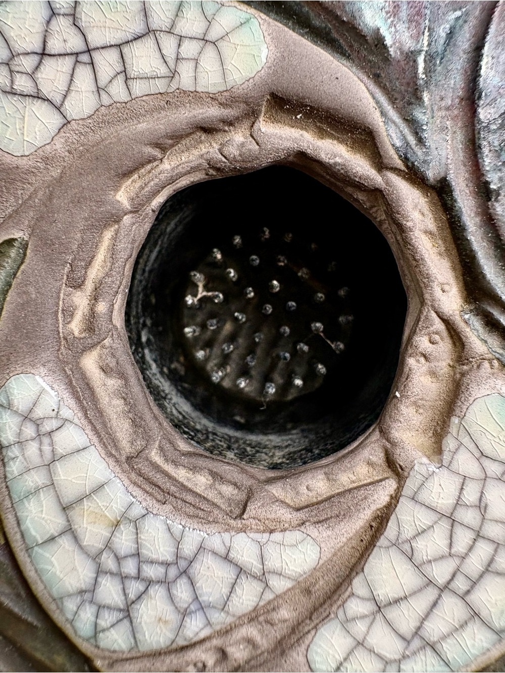 Prolon Raku Fired Artisan Ceramic Flower Frog - Iridescent Grey and Cream - Picture 4 of 6